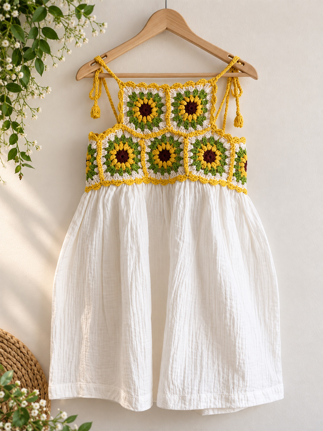 Woonie Cotton Sleeveless Sunflower Designed Crochet Detailed Dress - White