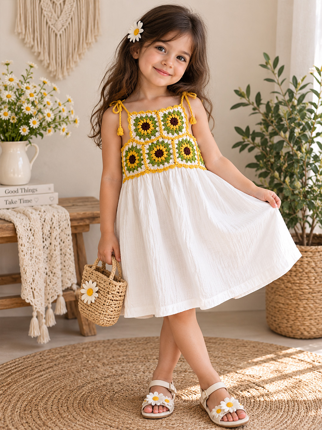 Woonie Cotton Sleeveless Sunflower Designed Crochet Detailed Dress - White
