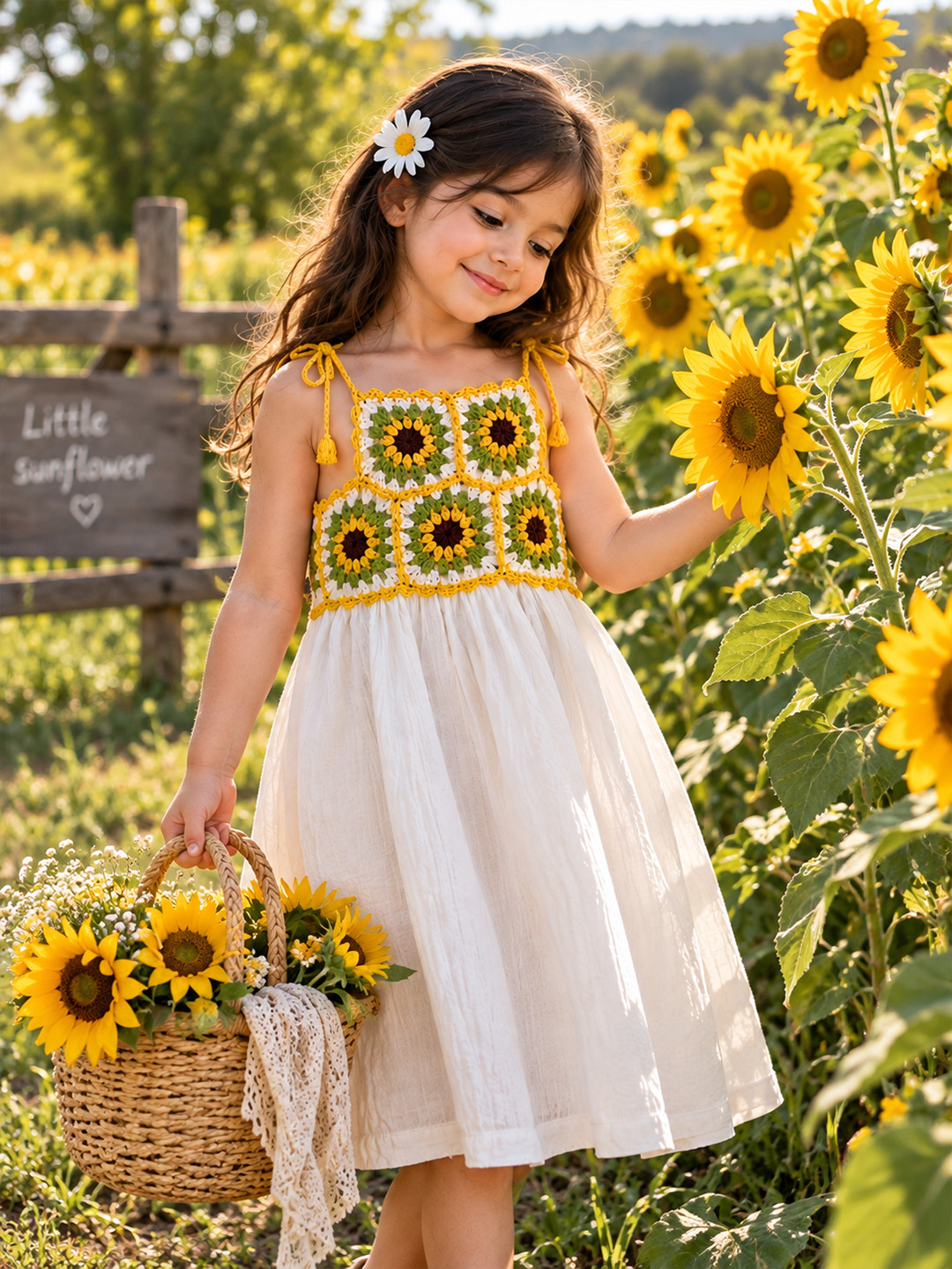 Woonie Cotton Sleeveless Sunflower Designed Crochet Detailed Dress - White
