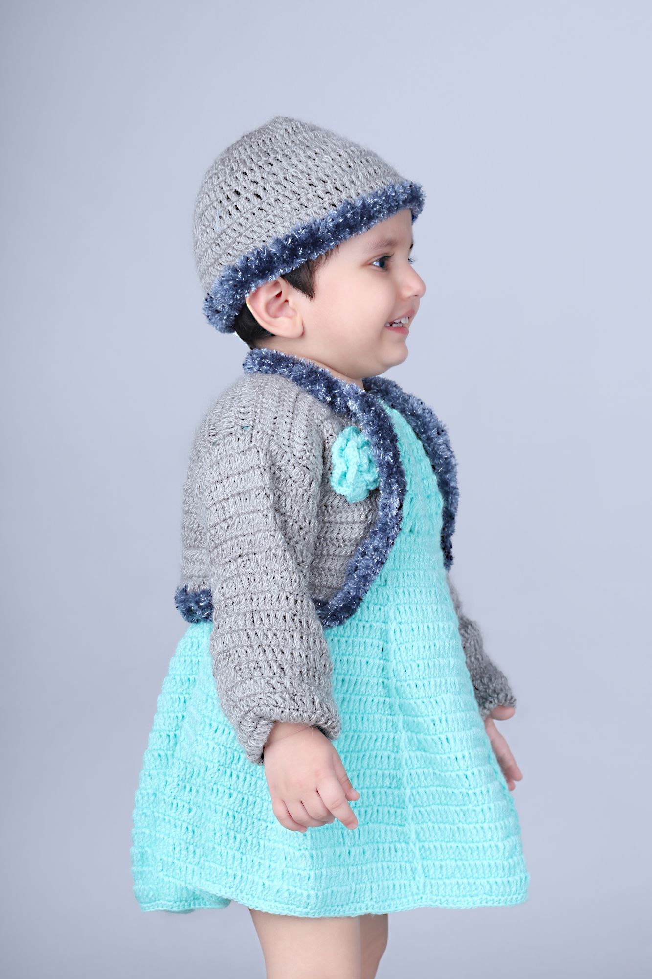Woonie Solid Colour Handmade Dress With Full Sleeves Shrug & Cap - Green & Grey