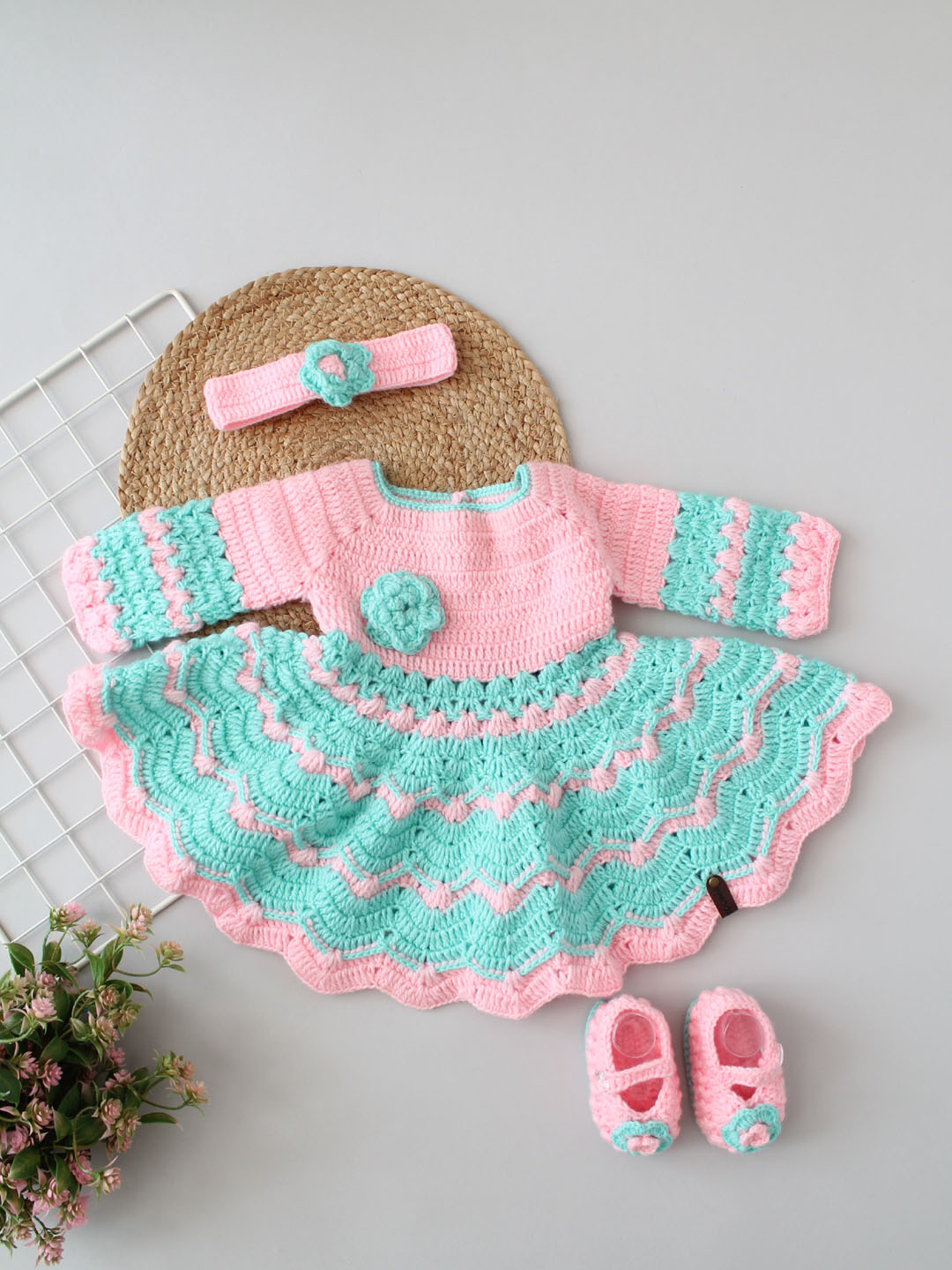 Baby Girl Woollen Dress with Hairband and Booties - Turquoise