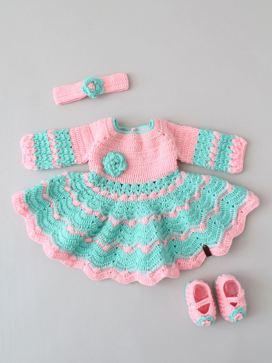 Baby Girl Woollen Dress with Hairband and Booties - Turquoise