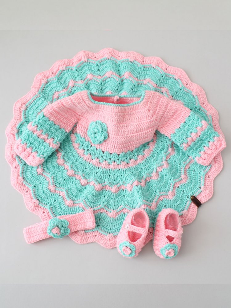 Baby Girl Woollen Dress with Hairband and Booties Turquoise