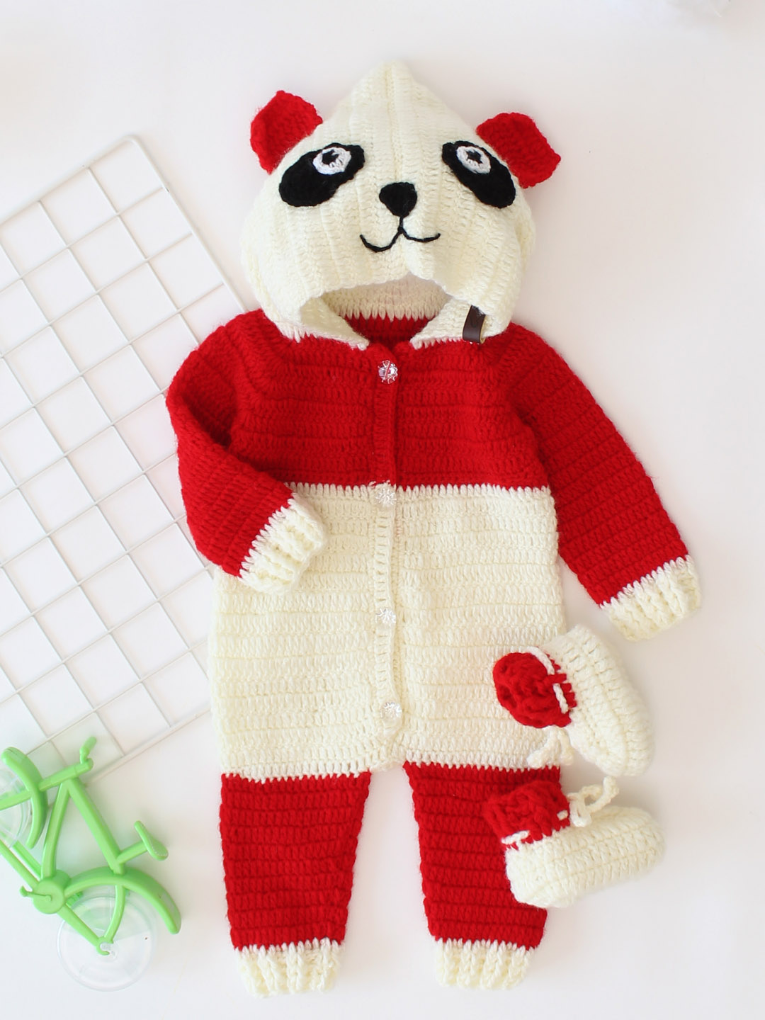 Bear Hooded Jumpsuit for Infants with Boots - Red