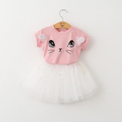 Image of Beautiful Pink and White Kitty Skirt set