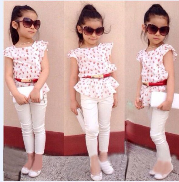 Image of Beige &amp; White Stylish Set with Belt