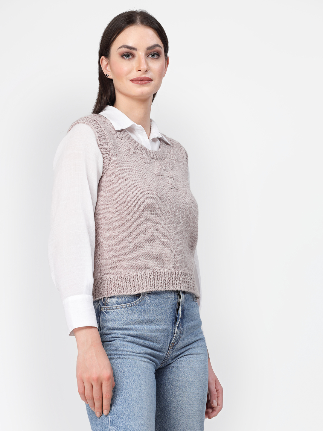 Handknitted Yarn Embroidered Womens Winter Sweater - Beige