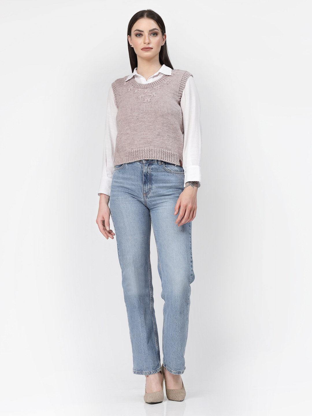 Handknitted Yarn Embroidered Womens Winter Sweater - Beige
