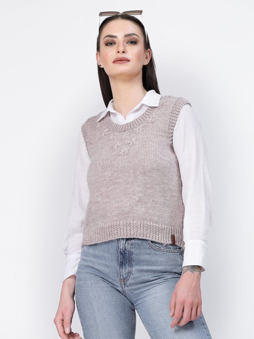Handknitted Yarn Embroidered Womens Winter Sweater - Beige
