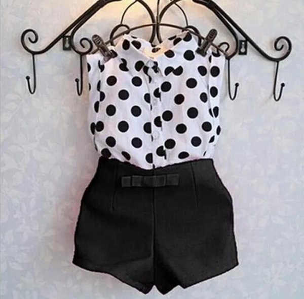 Image of Black Shorts with Polka Pattern Top