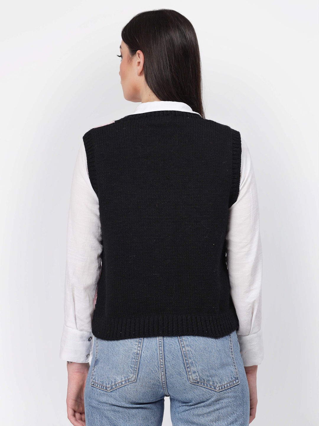 Handknitted Heart Knit Cute Sweater Vest for Women - Black
