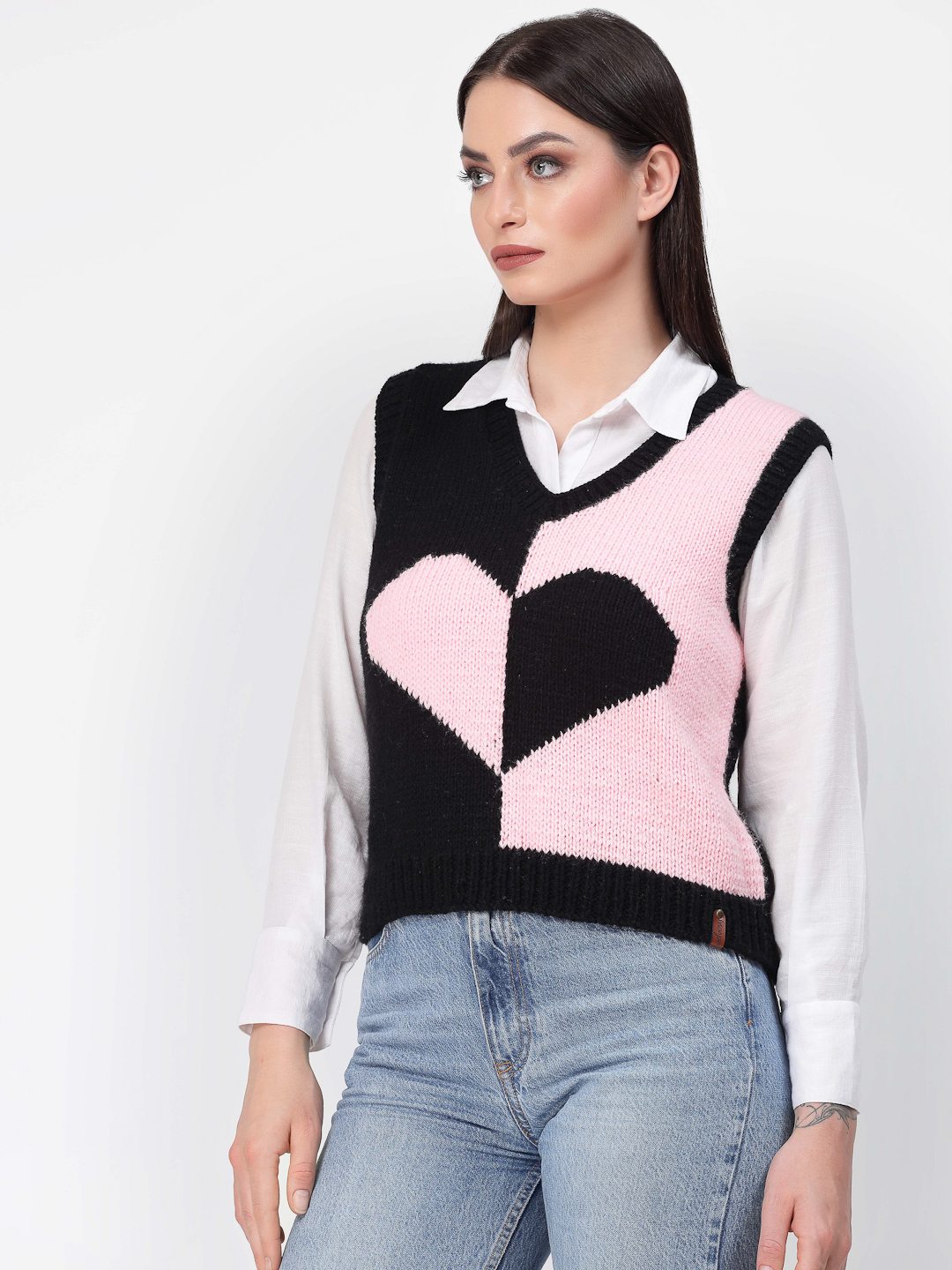 Handknitted Heart Knit Cute Sweater Vest for Women - Black