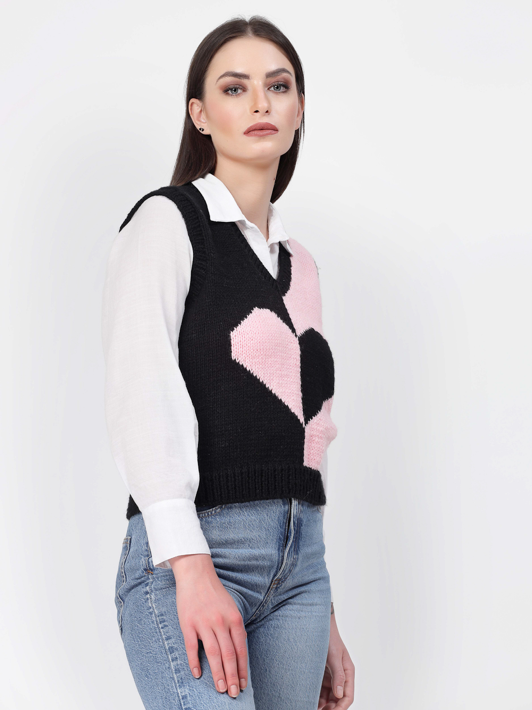 Handknitted Heart Knit Cute Sweater Vest for Women - Black