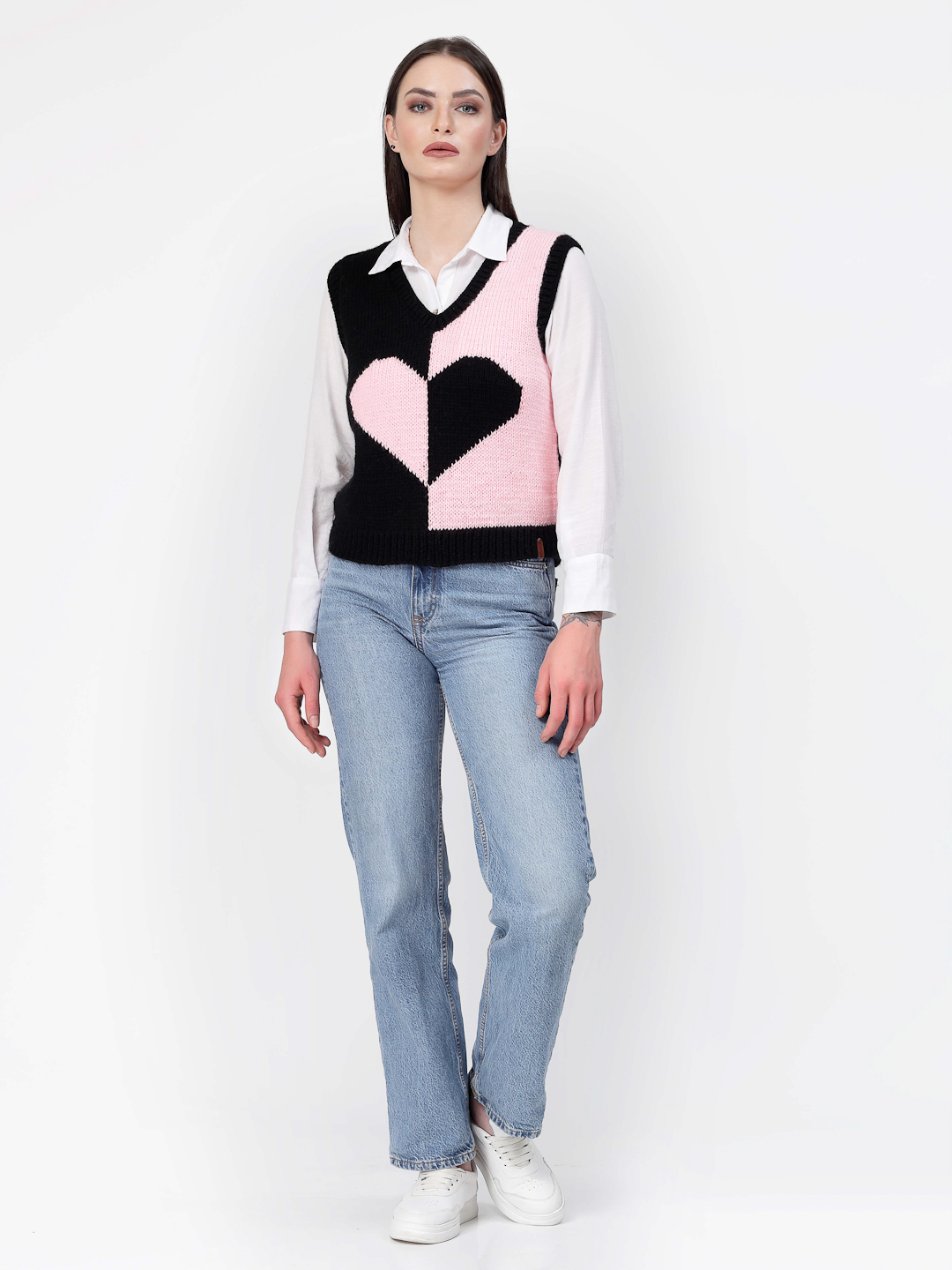 Handknitted Heart Knit Cute Sweater Vest for Women - Black