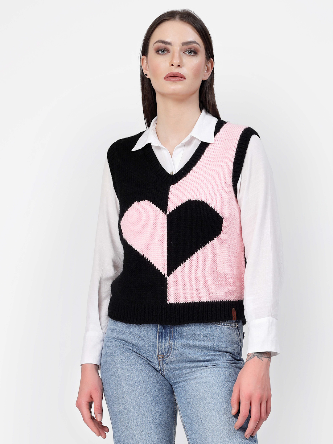 Handknitted Heart Knit Cute Sweater Vest for Women - Black