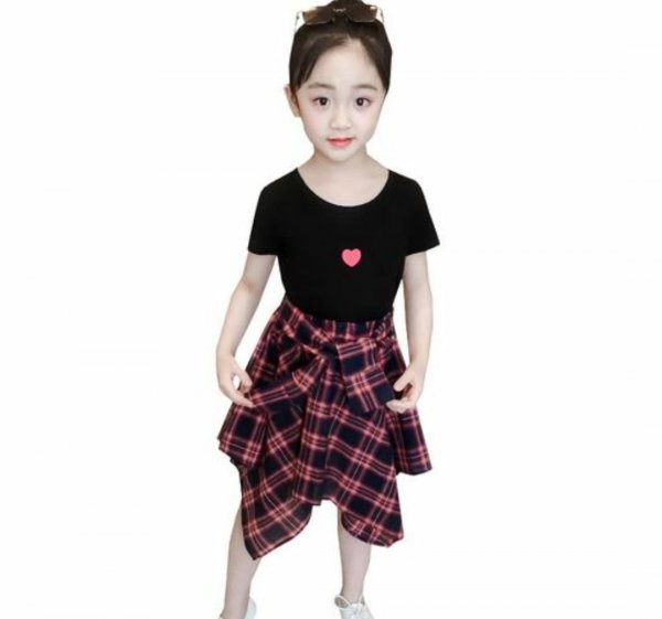 Image of Black Top with Checked Skirt