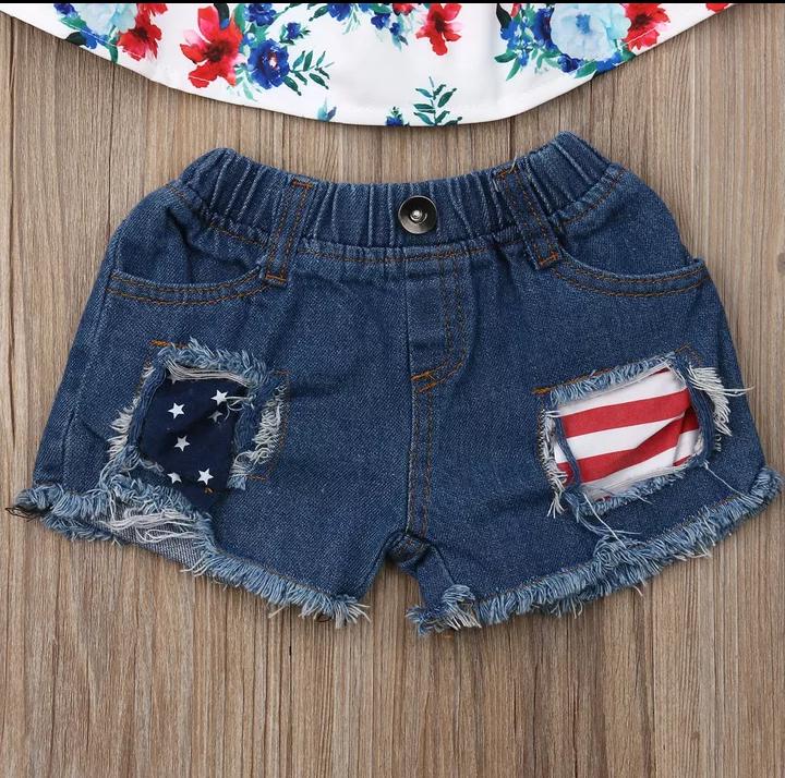 Blue and white Top with Denim Shorts