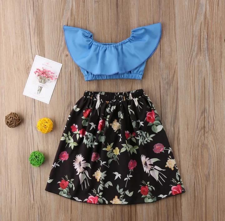 Blue Crop Top With Floral Skirt