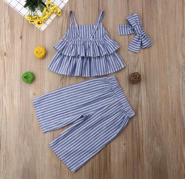Image of Blue Striped Culottes Set with Headband