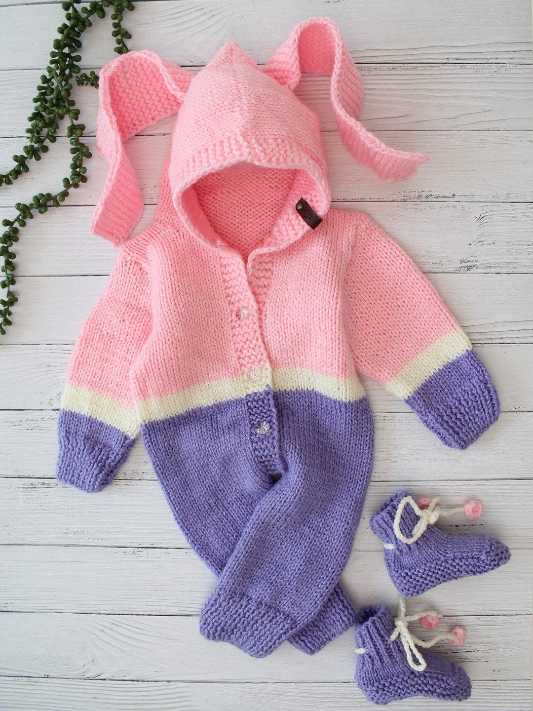 Bunny Ear Colour Block HandKnitted Woolen Romper Set