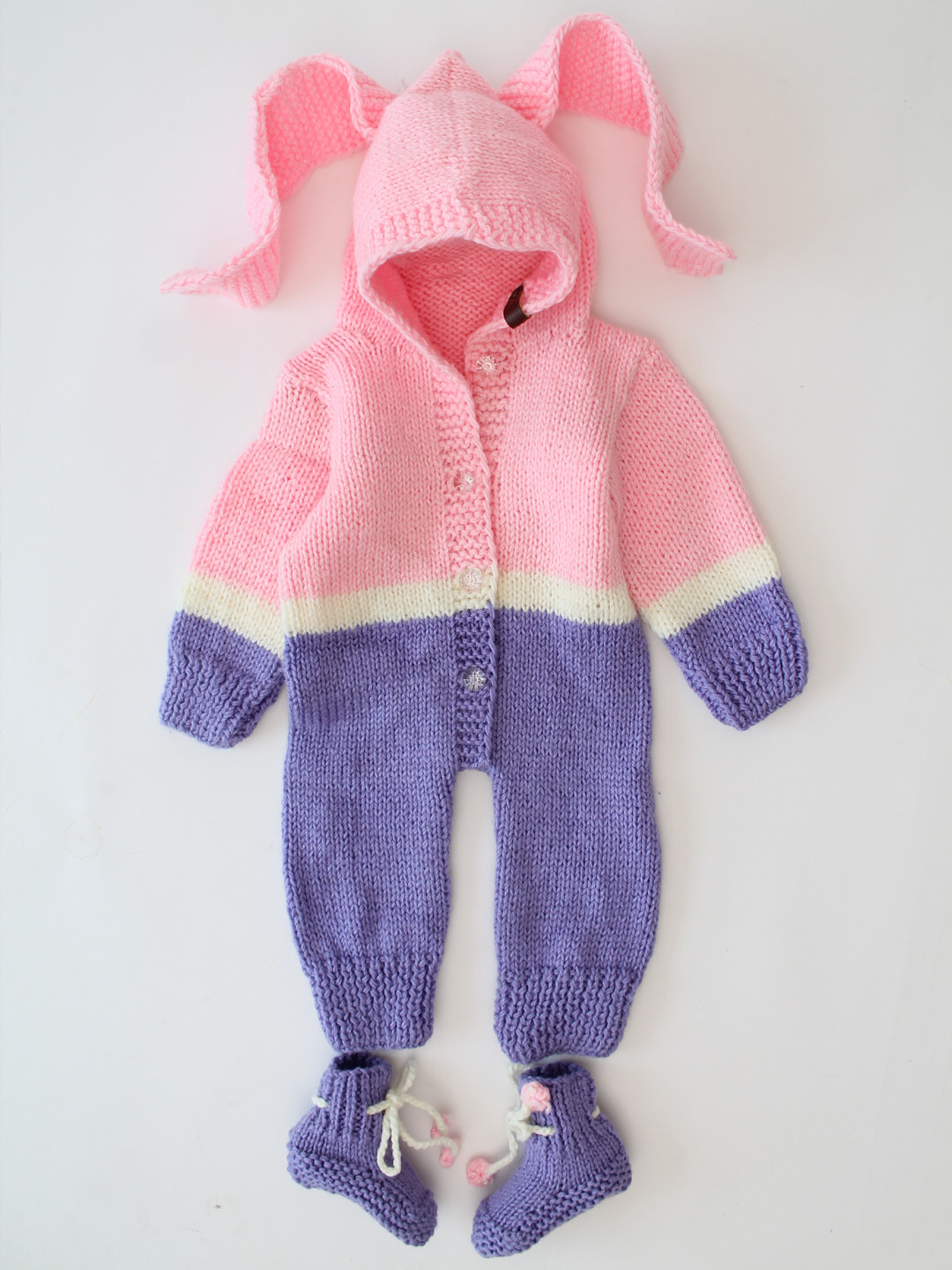 Bunny Ear Colour Block HandKnitted Woolen Romper Set