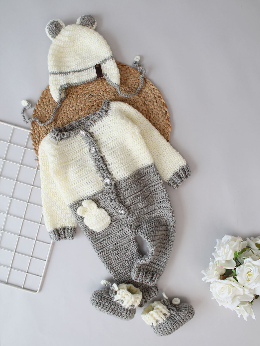 Bunny Jumpsuit with Cap and Boots for Infants - Light Grey