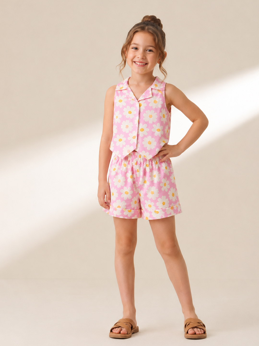 Qvink Cotton Floral Printed Coordinating Top & Shorts Set - Pink