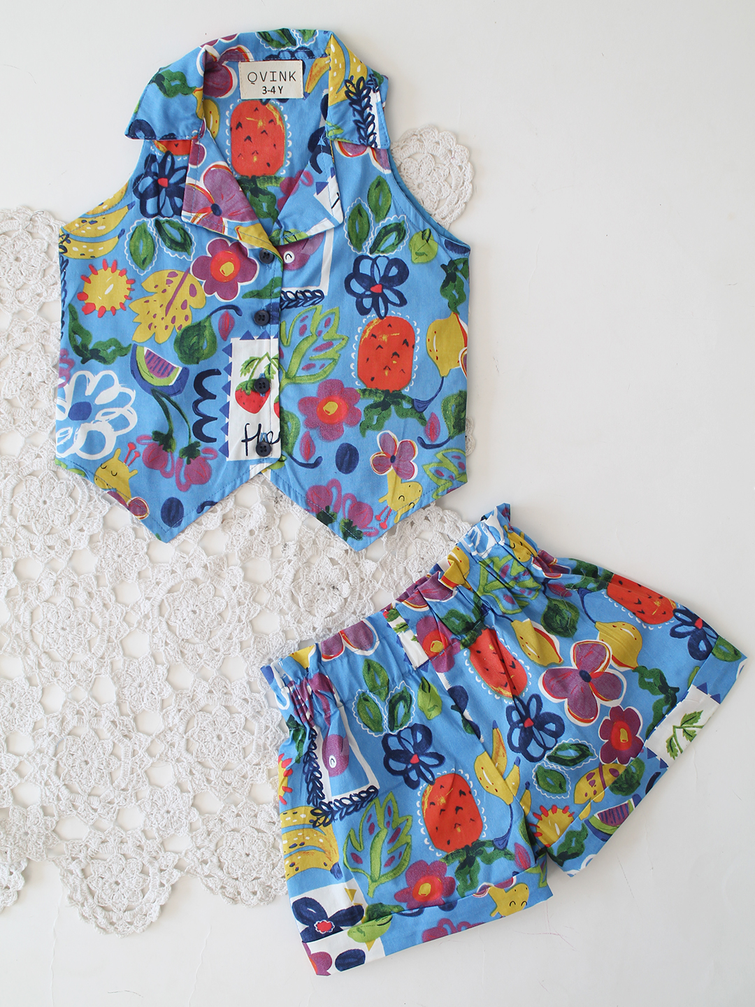 Qvink Cotton Printed Coordinating Top & Shorts Set - Blue
