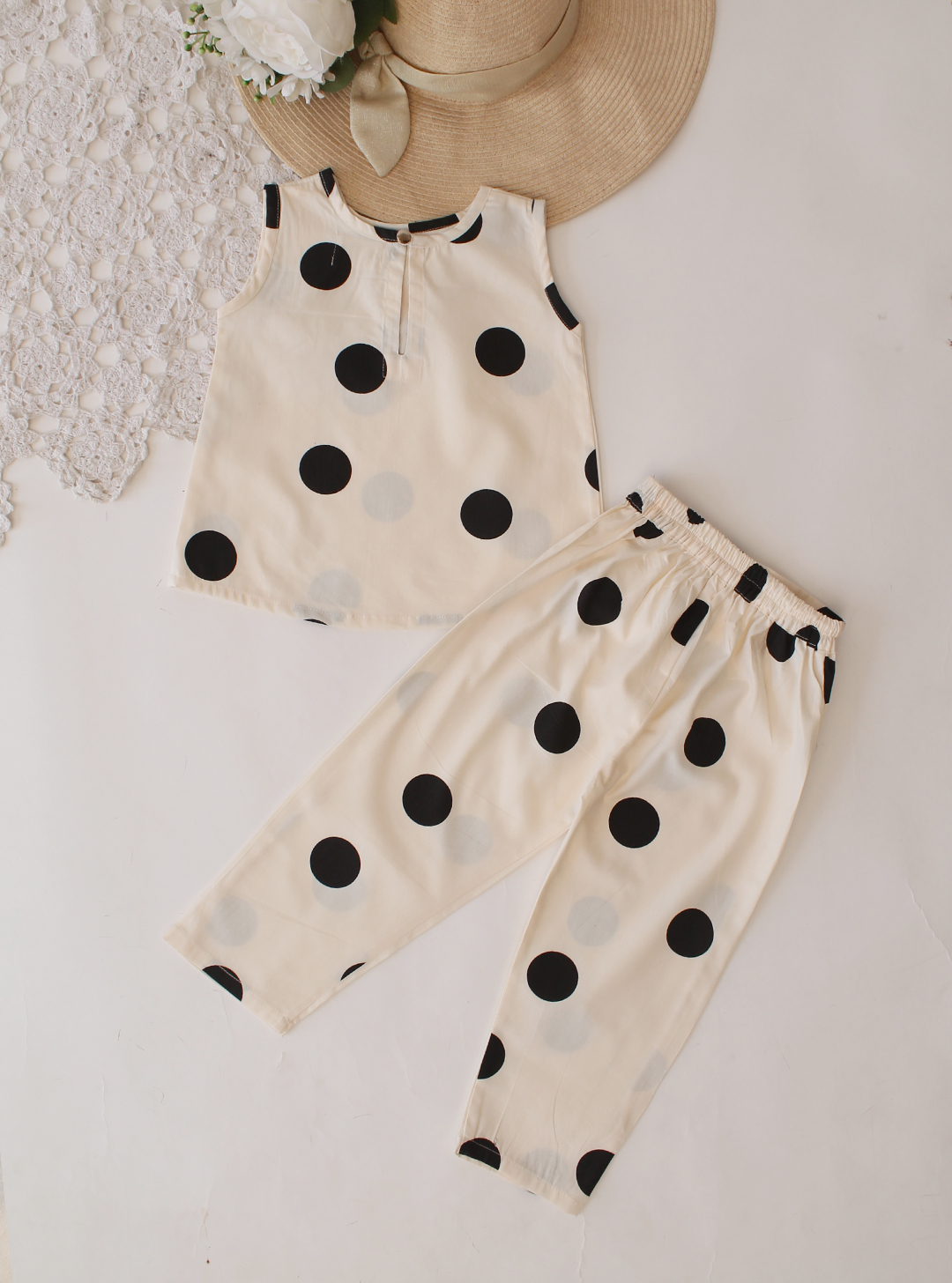 Qvink Cotton Polka Dot girls co ord set- Cream