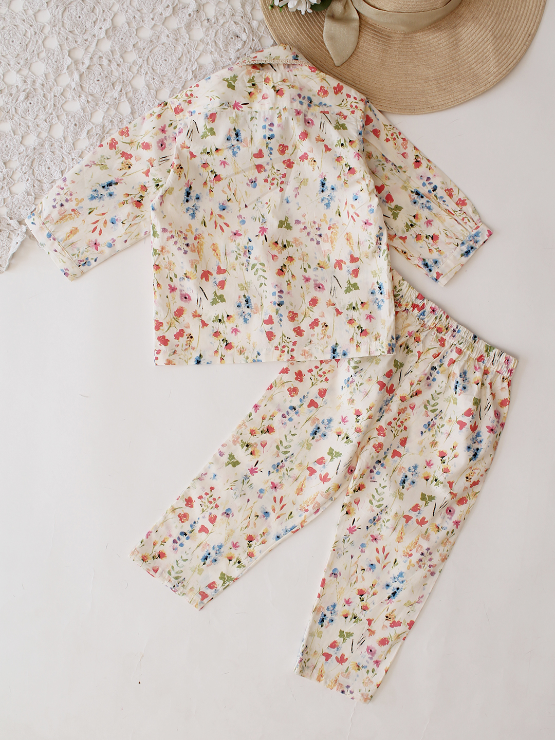 Qvink Cotton Floral Printed girls coord set - Cream