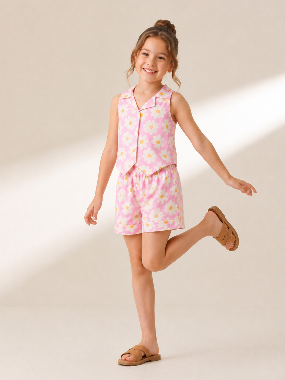 Qvink Cotton Floral Printed Coordinating Top & Shorts Set - Pink