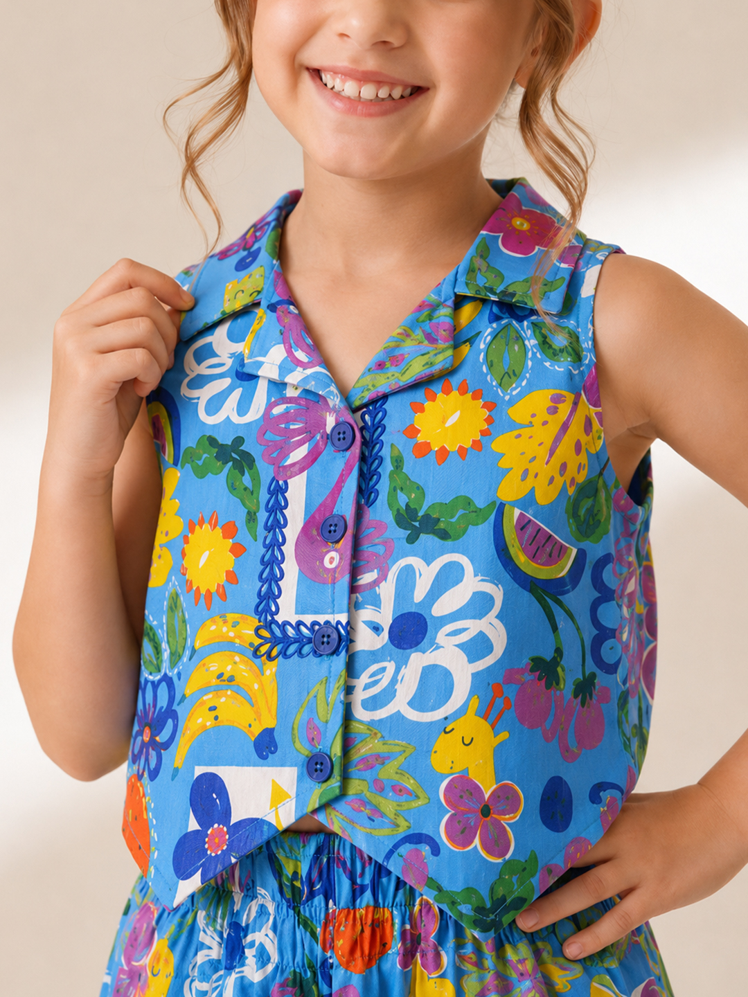 Qvink Cotton Printed Coordinating Top & Shorts Set - Blue