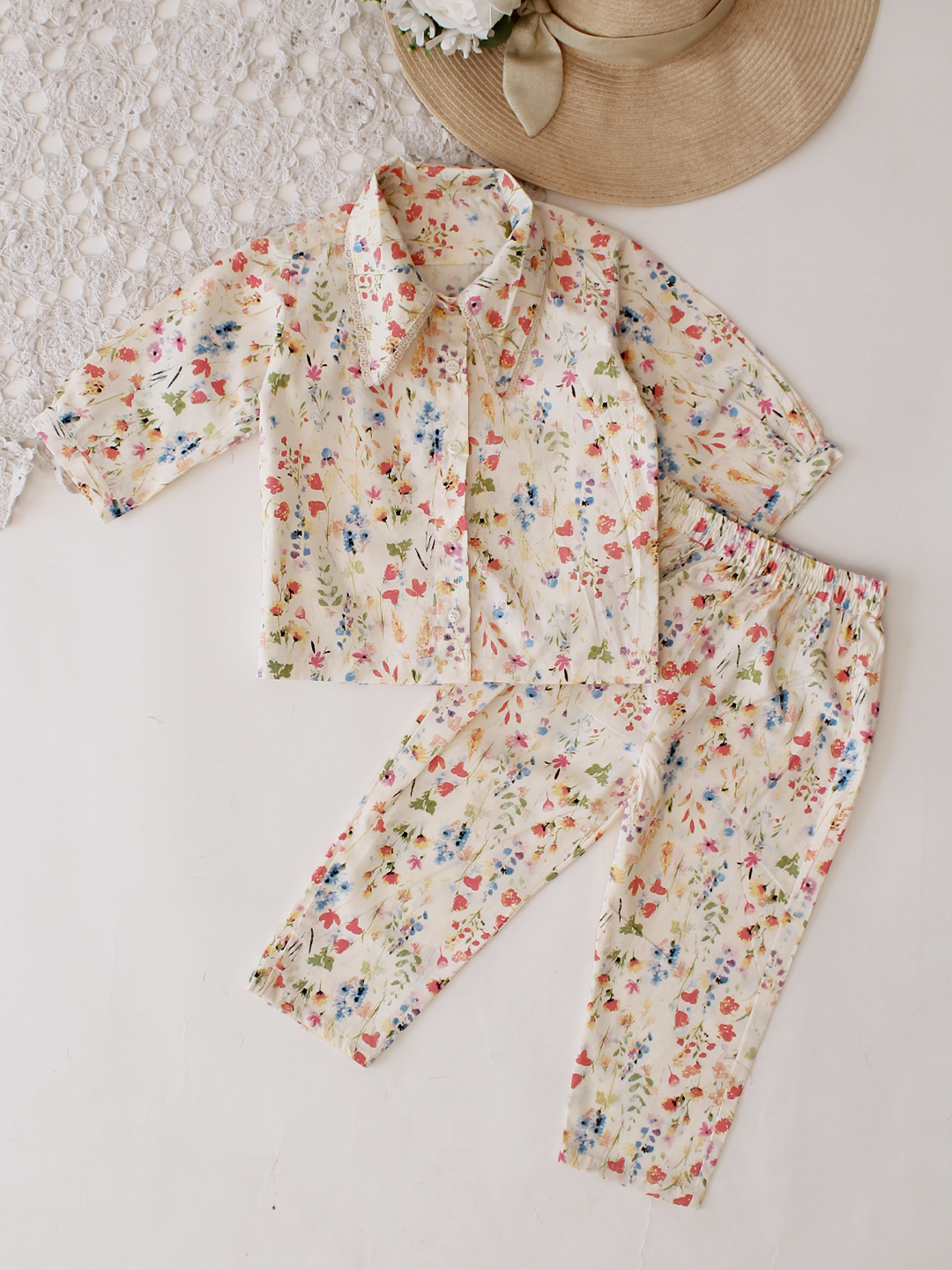 Qvink Cotton Floral Printed girls coord set - Cream
