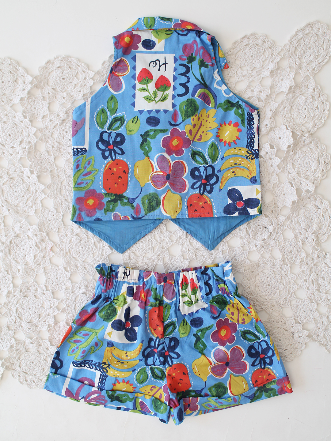 Qvink Cotton Printed Coordinating Top & Shorts Set - Blue