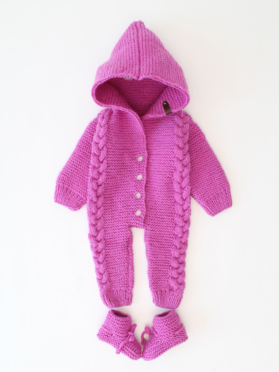 Cable Design Hooded Hand Knit Infants Jumpsuit with Booties