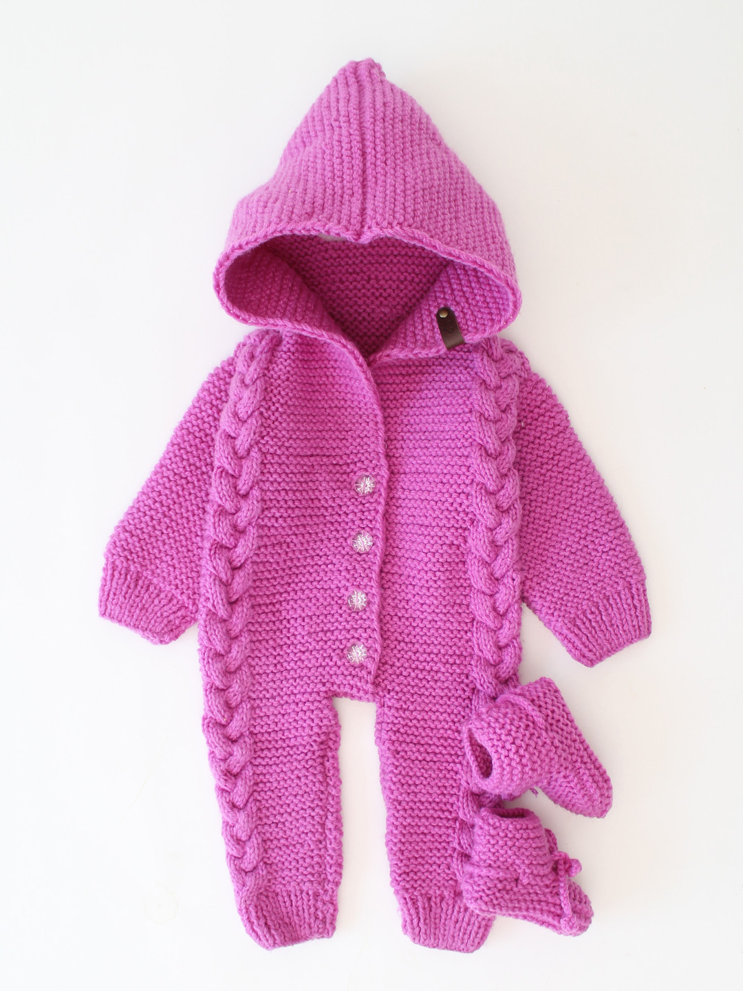 Cable Design Hooded Hand Knit Infants Jumpsuit with Booties