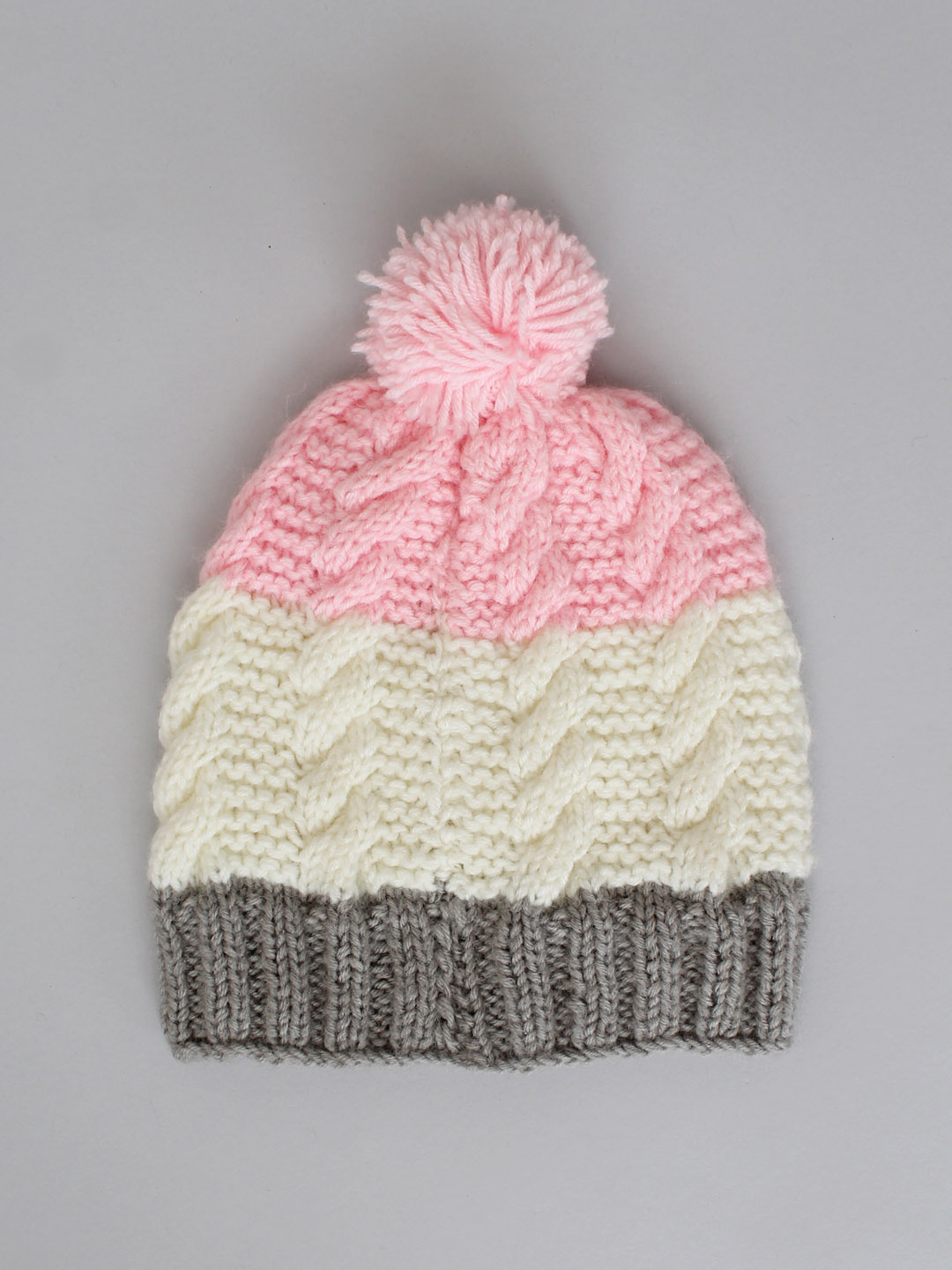 Cable Knit Hat with Pom Pom - Tricolour