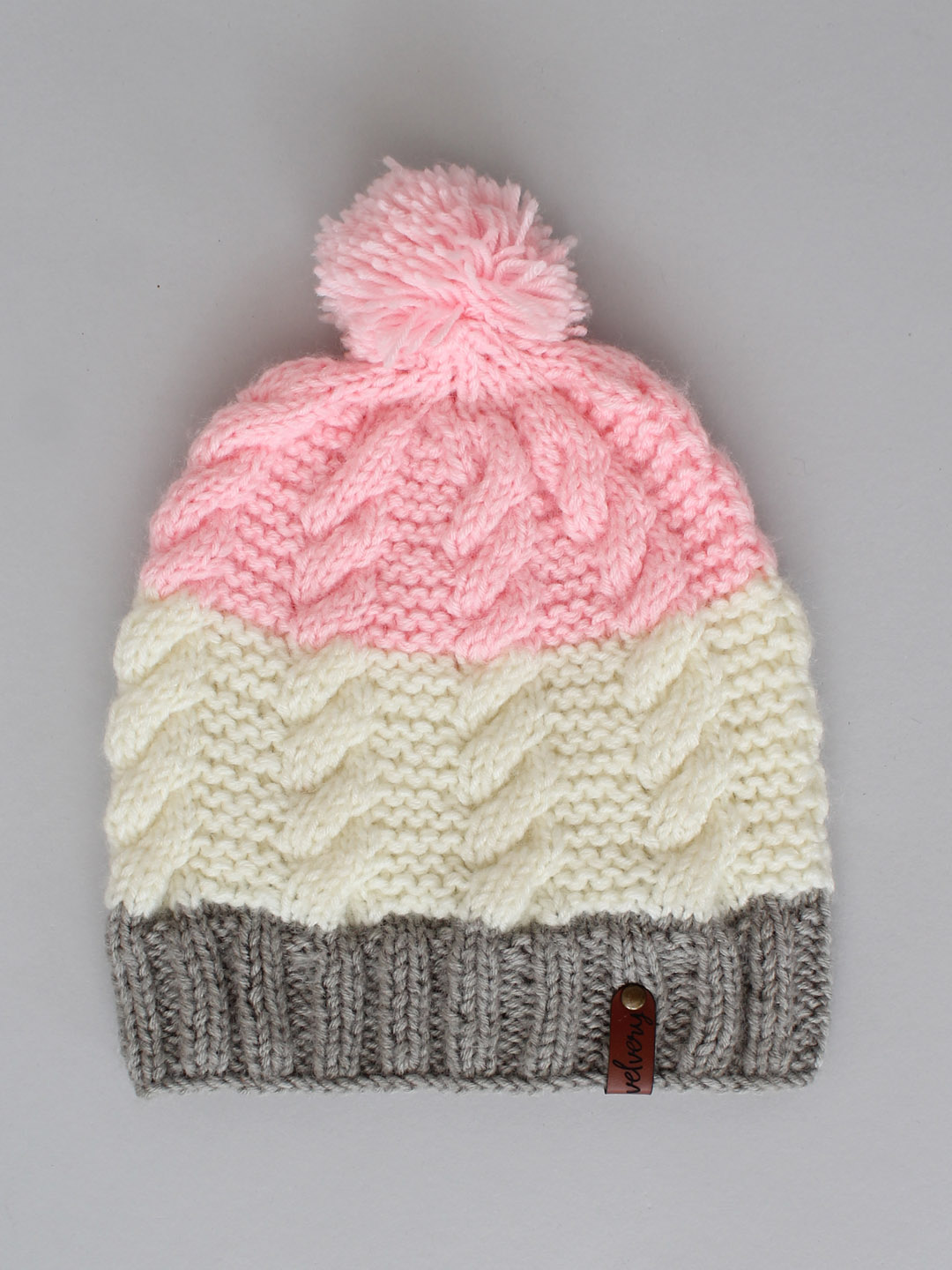 Cable Knit Hat with Pom Pom - Tricolour