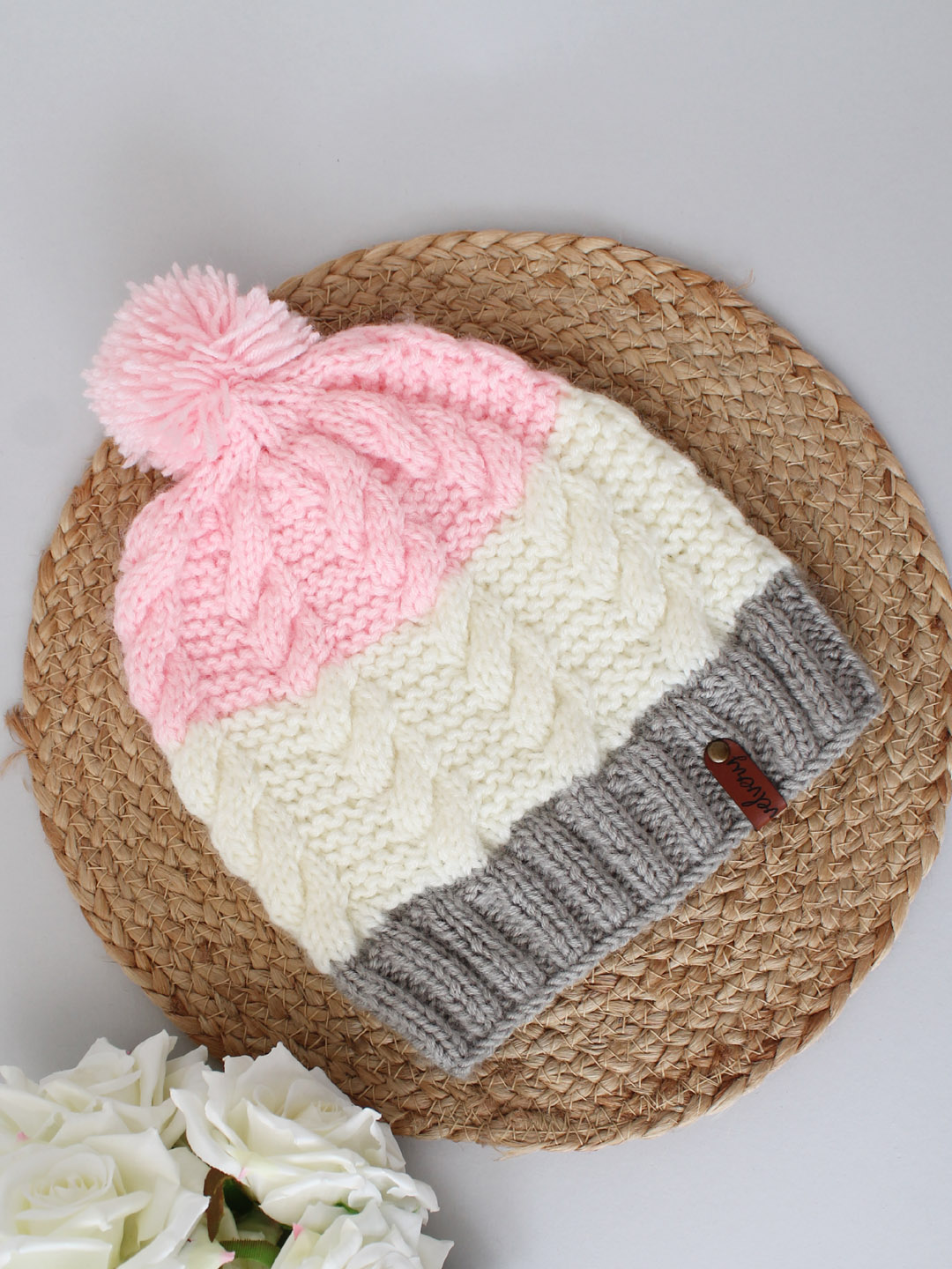 Cable Knit Hat with Pom Pom - Tricolour