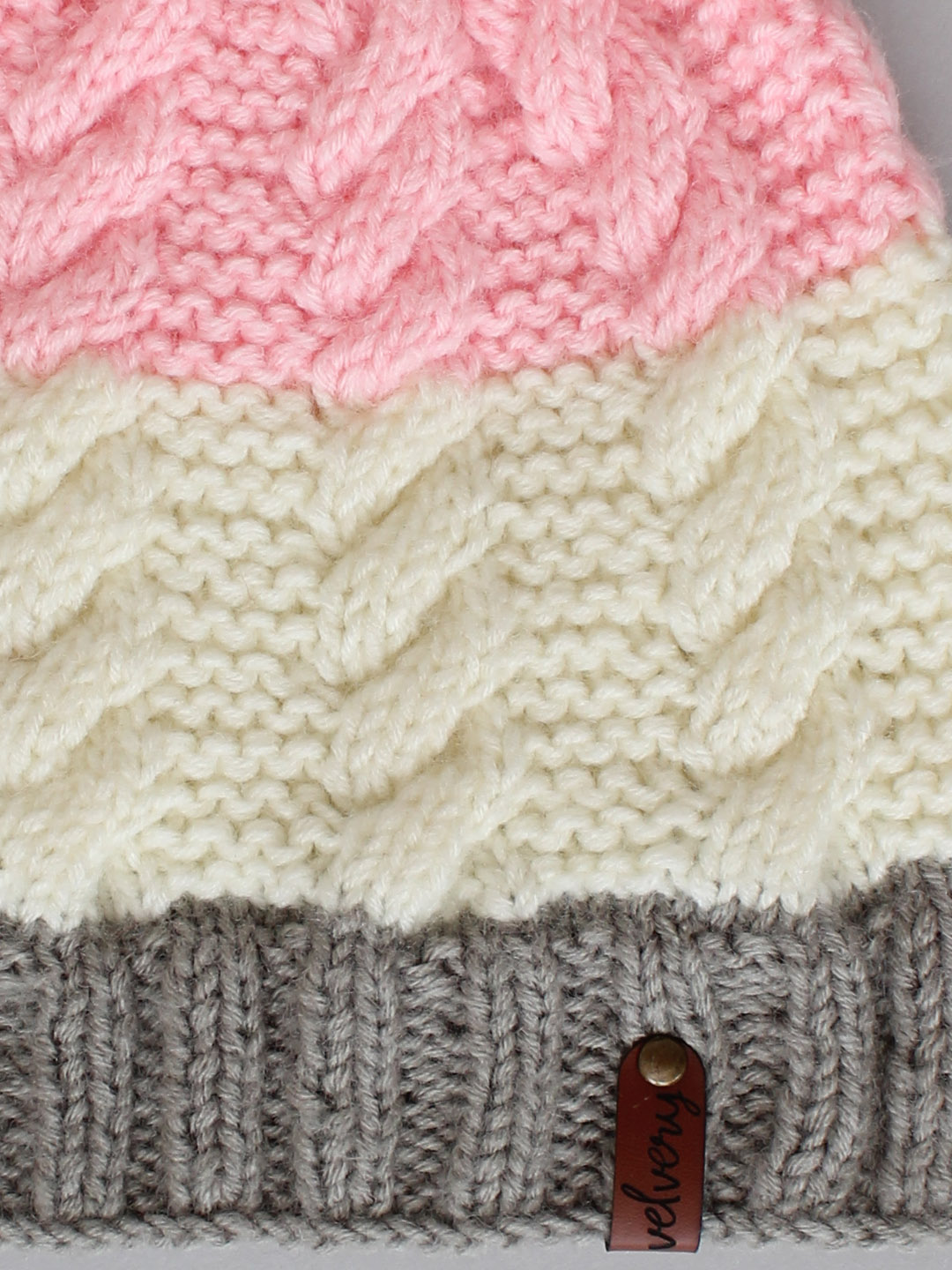 Cable Knit Hat with Pom Pom - Tricolour