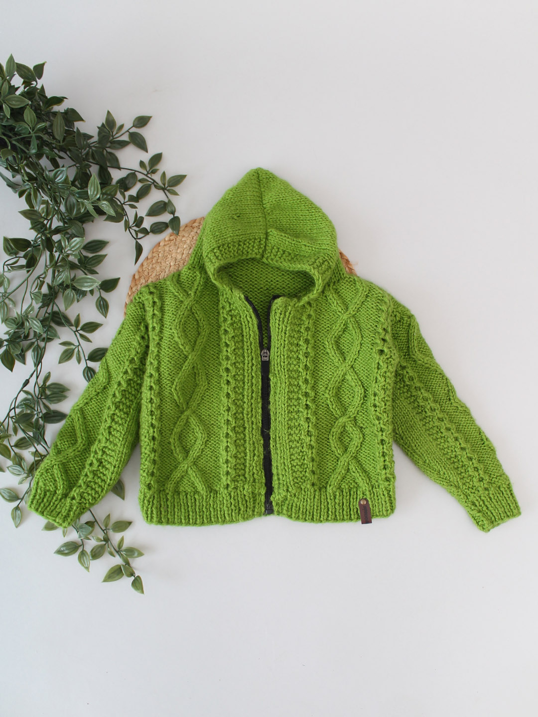 Cable Knit Newborn Zip Up Hooded Sweater - Green