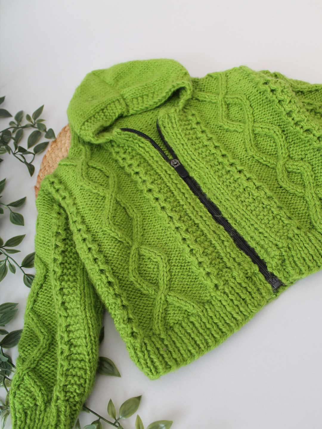 Cable Knit Newborn Zip Up Hooded Sweater - Green