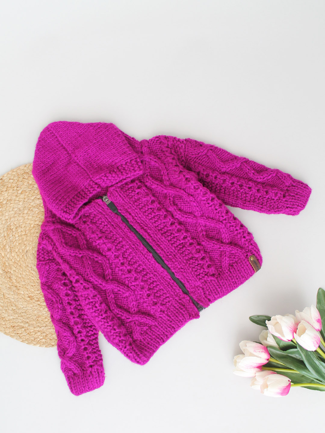Cable Knit Newborn Zip Up Hooded Sweater - Purple