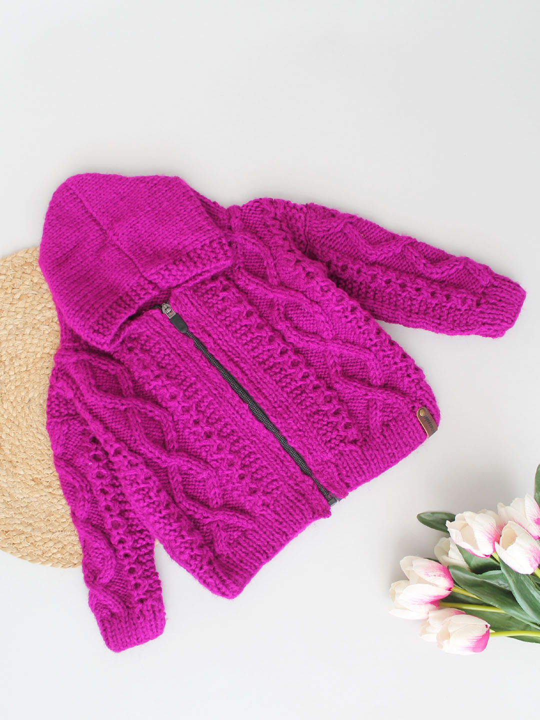 Cable Knit Newborn Zip Up Hooded Sweater - Purple