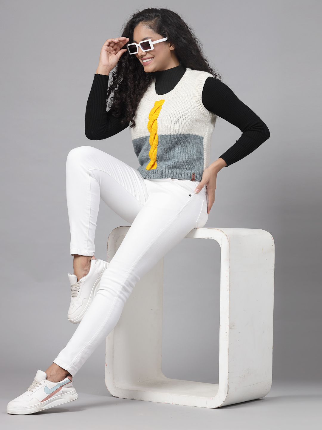Cable Knit Women Short Sweater - Cream