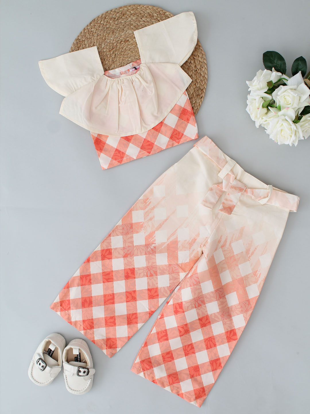 Cap Sleeves Checked Crop Co ord Set for Summer - Orange