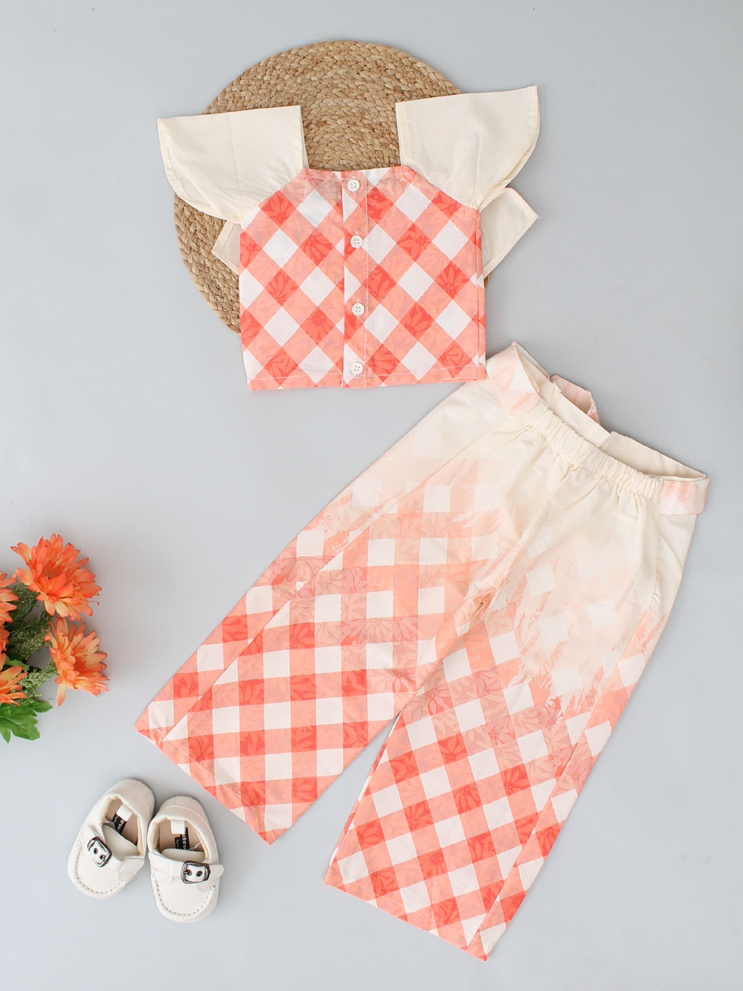 Cap Sleeves Checked Crop Co ord Set for Summer - Orange