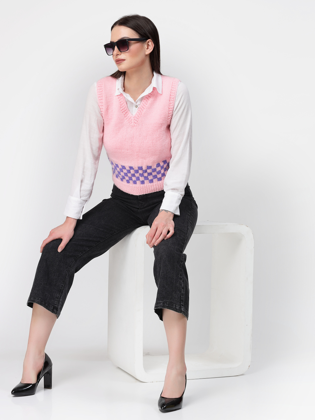 Handknitted Designer Check Sweater Vest for Women - Pink