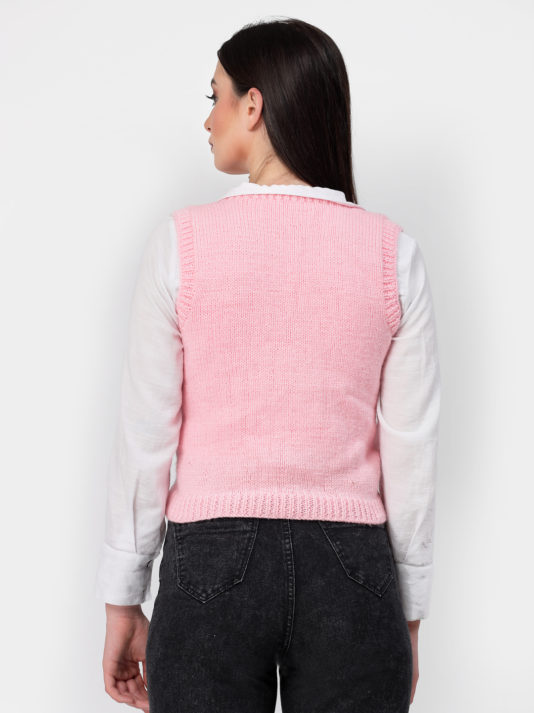 Handknitted Designer Check Sweater Vest for Women Pink