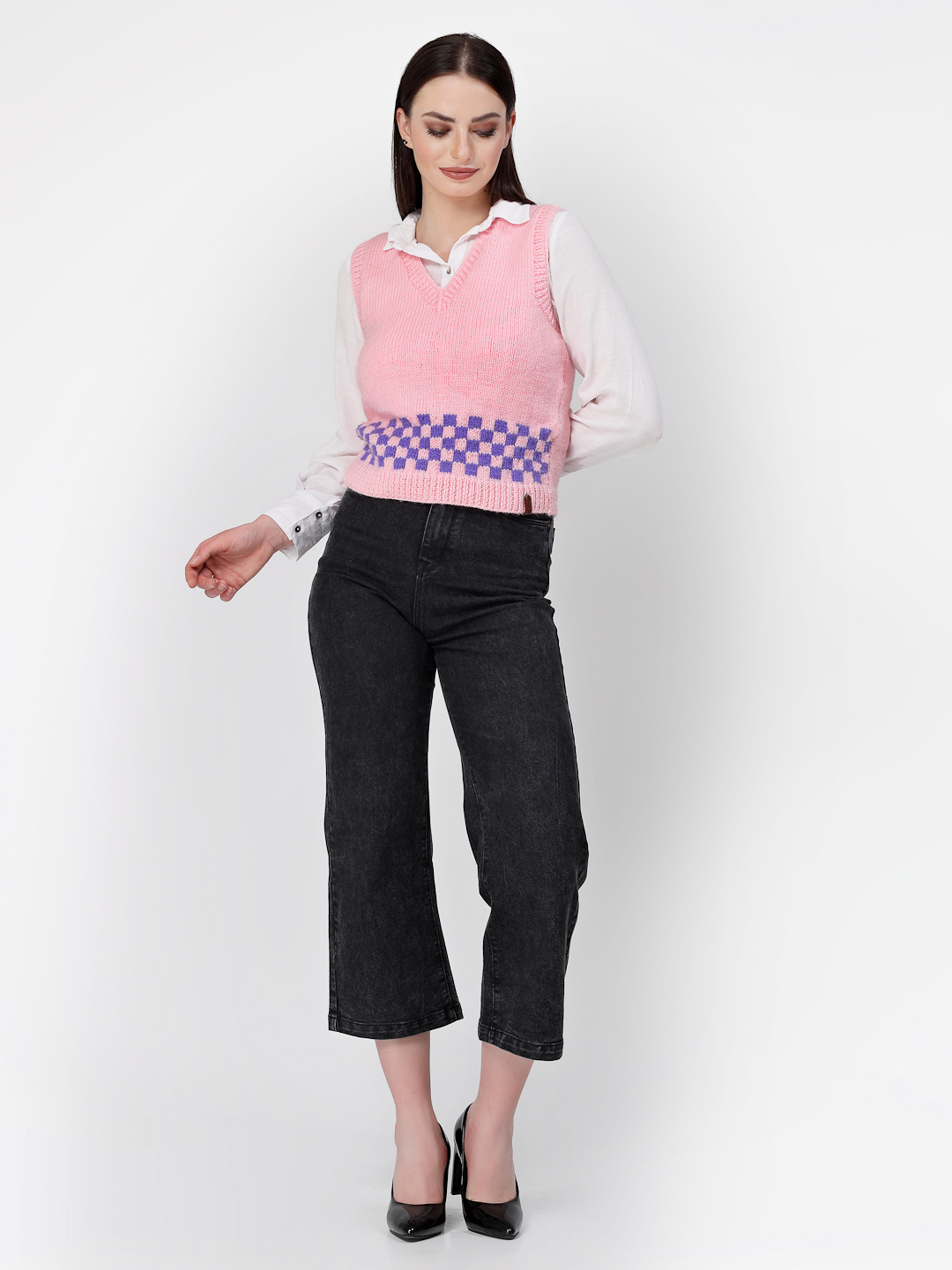 Handknitted Designer Check Sweater Vest for Women - Pink